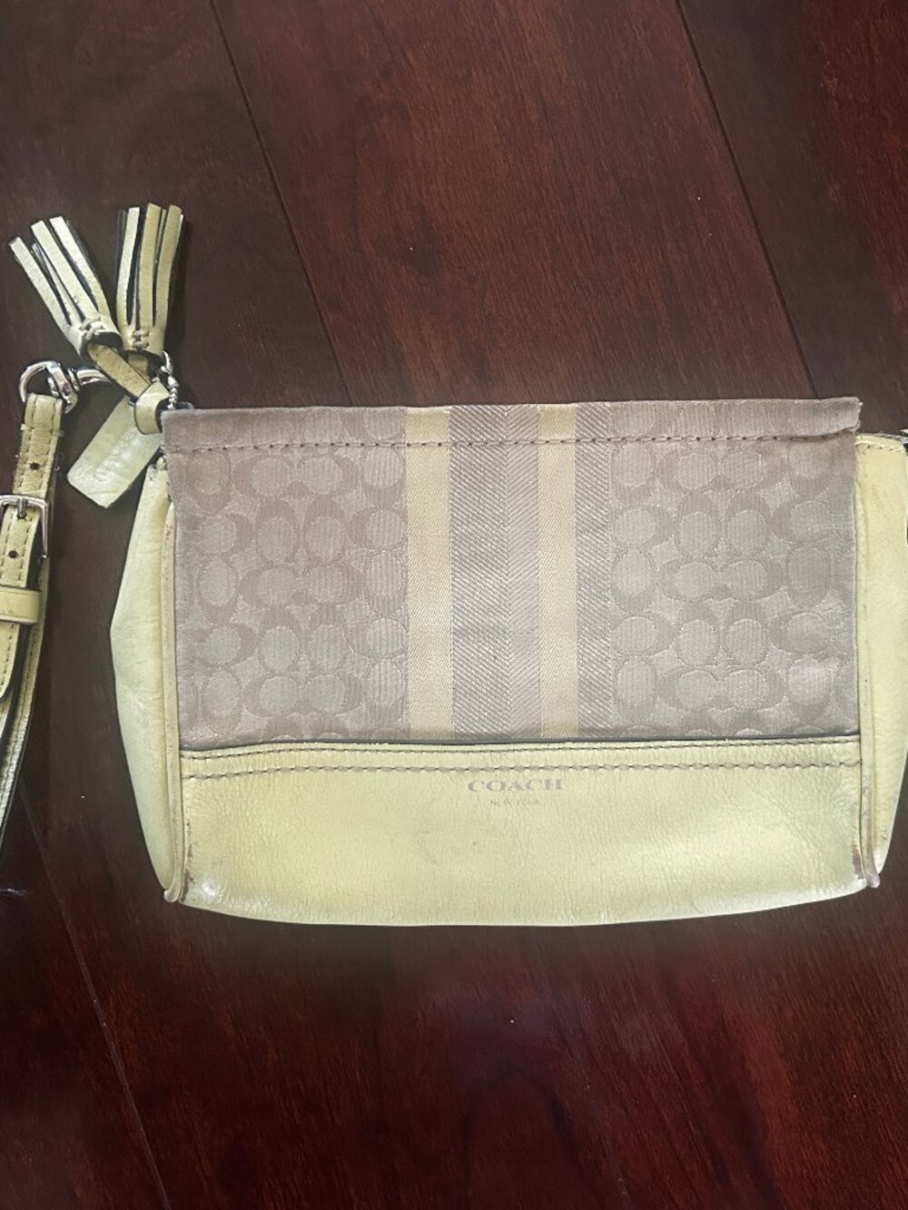 COACH SIGNATURE CLUTCH/WRISTLET YELLOW/TAN CANVAS WITH LEATHER TRIM